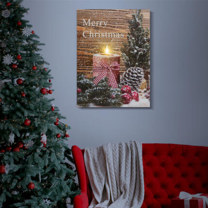 Karácsonyi LED-es hangulatkép - fali akasztóval, 2 x AA, 40 x 30 cm - gyertya