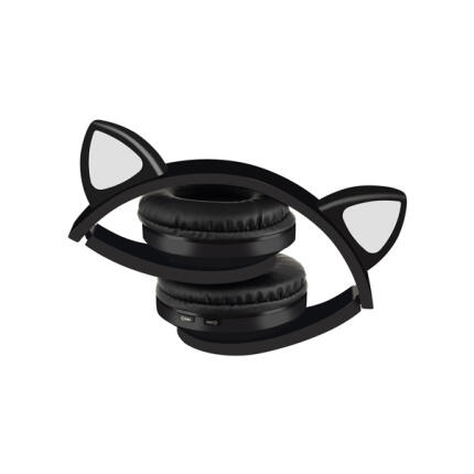 Macskafüles vezeték nélküli fejhallgató RGB világítással - Fekete