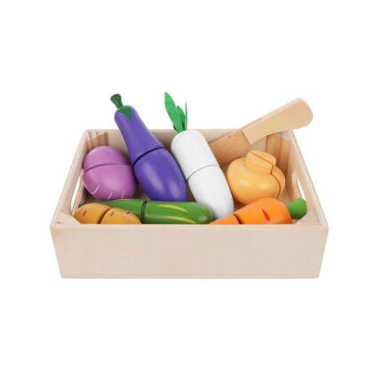 Szeletelhető játék zöldségek fa dobozban játék késsel