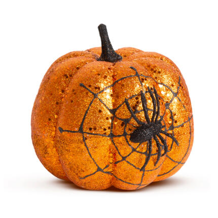 Halloween-i tök dekoráció - narancs glitteres - pókhálóval - 15 cm