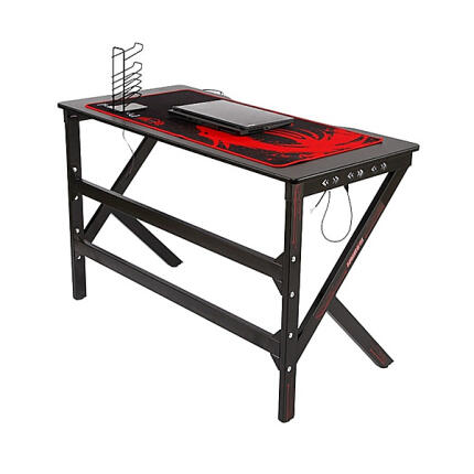 K alakú gamer íróasztal RGB LED világítással - 120x60x75 cm - Fekete, Szürke