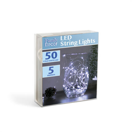 LED fényfüzér - 5 m - 50 LED - hidegfehér - 3 x AA