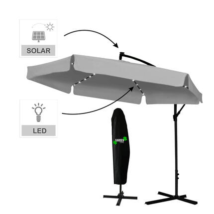 GardenLine “Banana” Függő napernyő LED napelemes világítással – Szürke – 3 m
